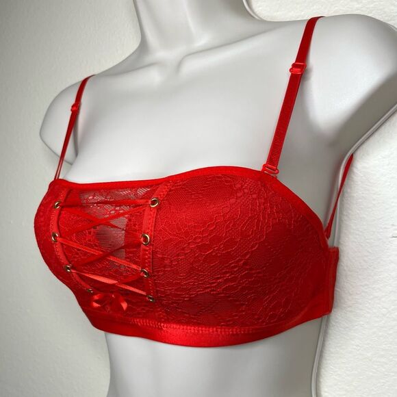 Red Lace Bralette Corset Lace Tie Up Bra Convertible Strapless Push Up Women 34C - Picture 4 of 16